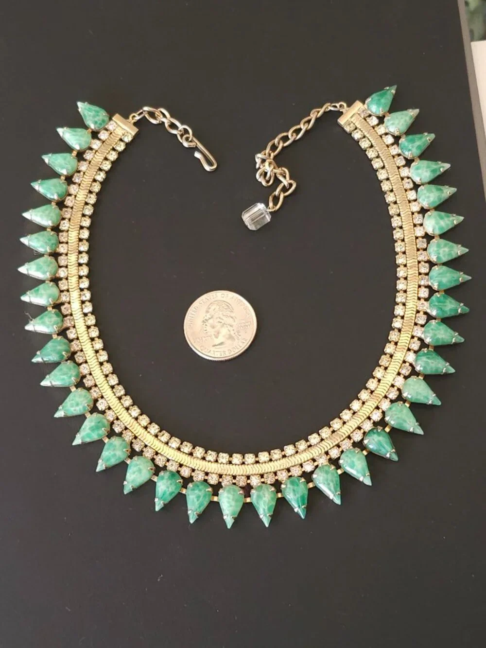Vintage Faux Jade Glass and Rhinestone Collar Necklace